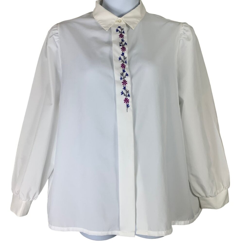 Vintage Blouse Size 20W Button Floral Embroidery Collared Lady Devon Union Made